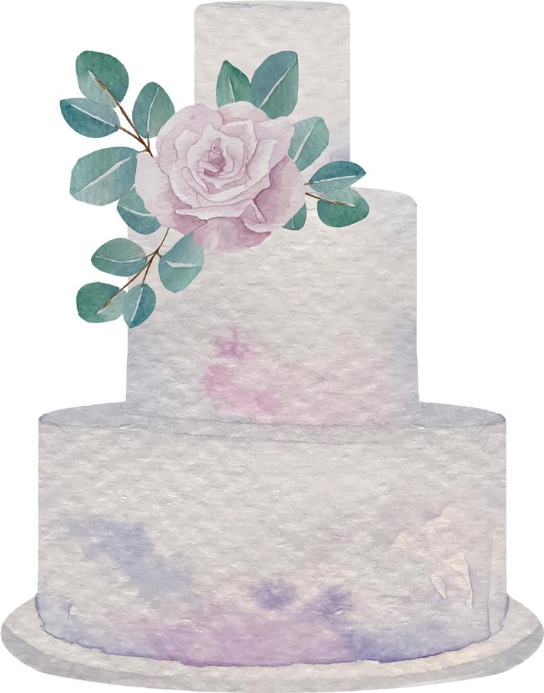 Watercolor three tier white wedding cake decorated with fresh ro vector