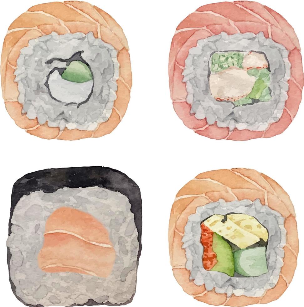 sushi uramaki acuarela y rollo con vista superior de salmón y atún sobre fondo blanco vector