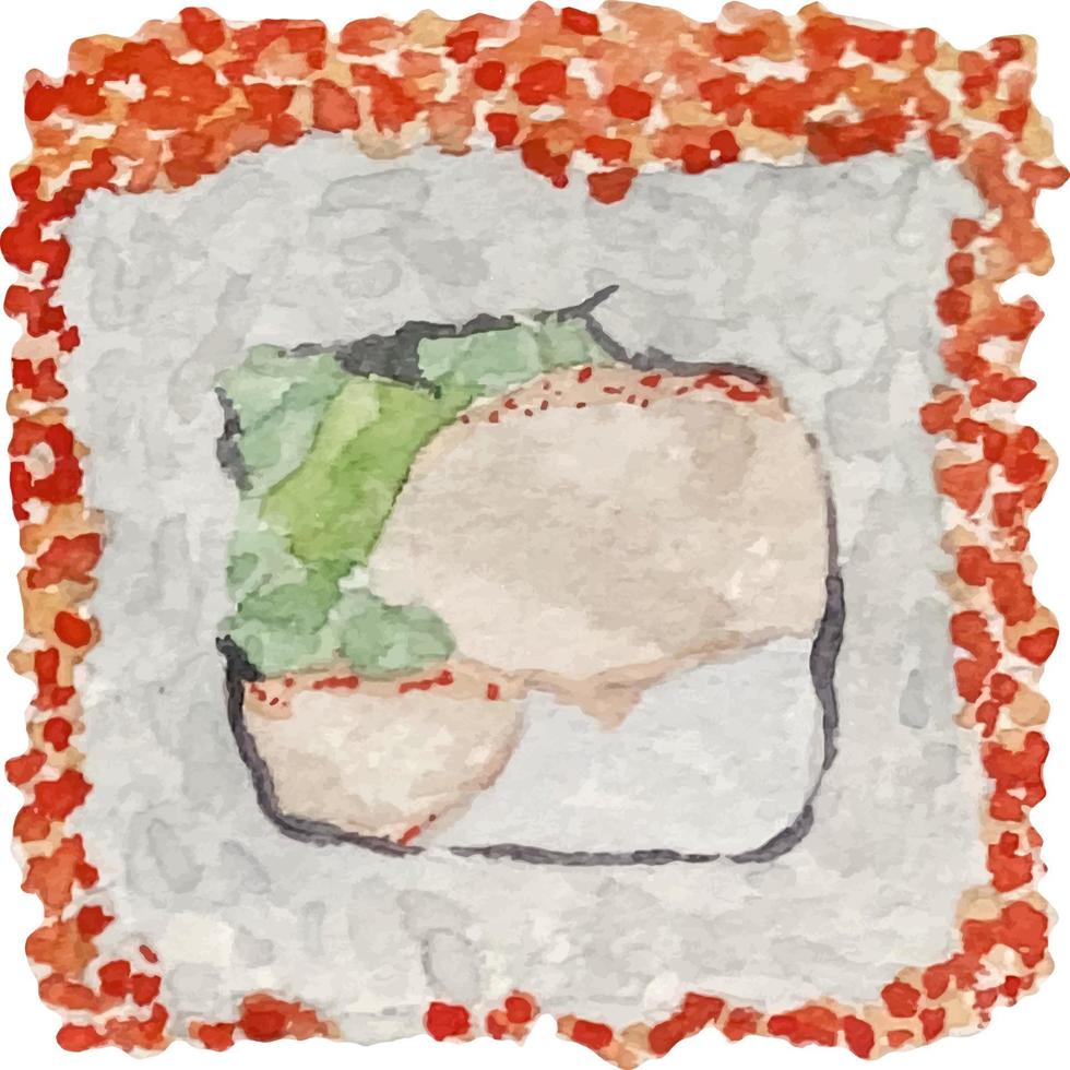 Watercolor illustration of california roll top view with on white background. vector