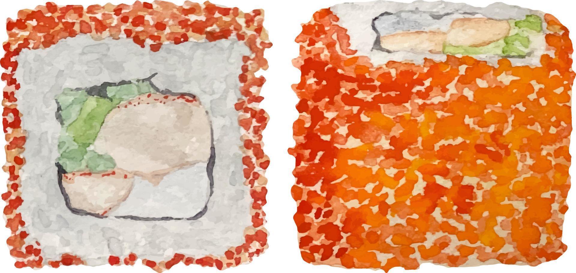 Watercolor california roll side and top view with on white background. vector