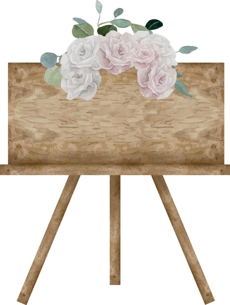 Watercolor horizontal wood empty signboard with wedding composition on the top with roses and eucalyptus leaves vector