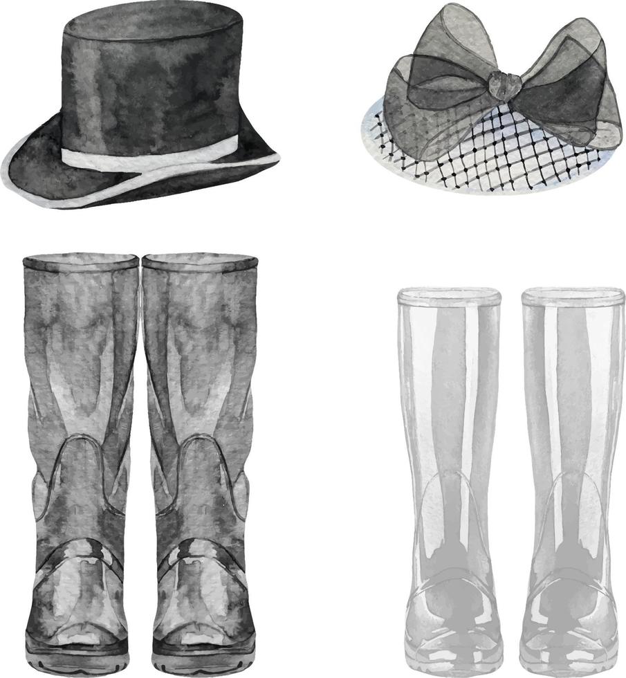 Set of watercolor wedding bride and groom accessories wedding classic cylinder hat and white and black wellies boots vector