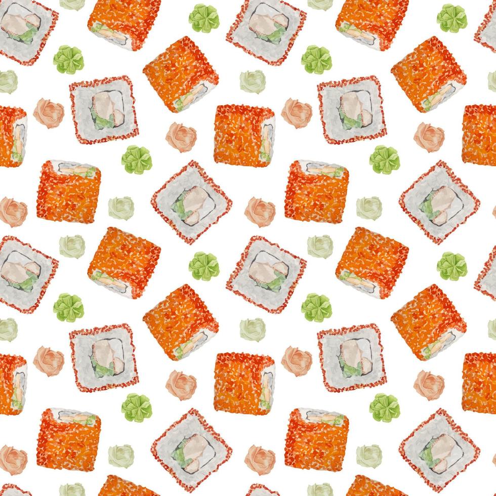 Watercolor seamless pattern with california roll side view on white background. vector