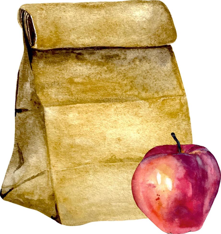 bolsa de papel kraft marrón acuarela con manzana aislada en un fondo blanco. embalaje de bolsa de papel de desayuno escolar pequeño vector