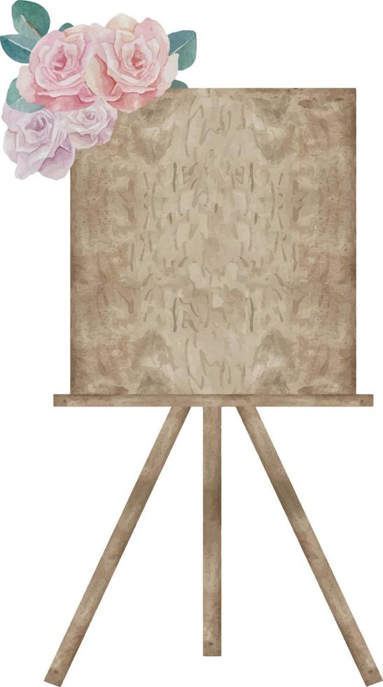 Watercolor vertical wood empty signboard with wedding composition on the top with roses and eucalyptus leaves vector