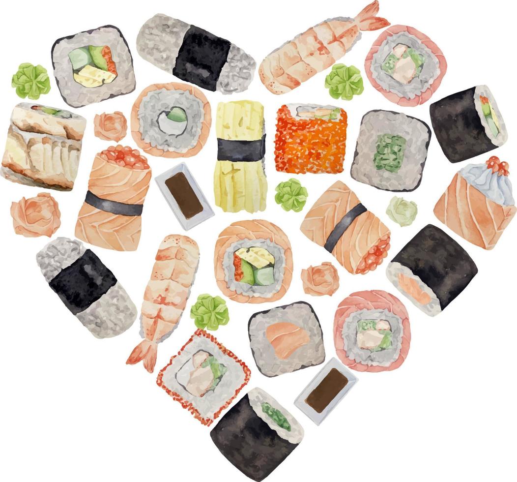 Watercolor asian background with california roll and uramaki sushi side and top view. Heart vade with asian food vector