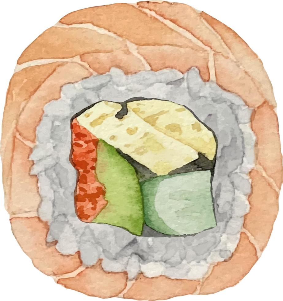 Watercolor uramaki sushi and roll with salmon and tamago top view on white background vector