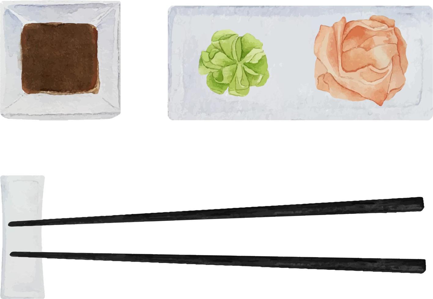 Watercolor sushi set with soy sauce, wasabi and red and white gi vector