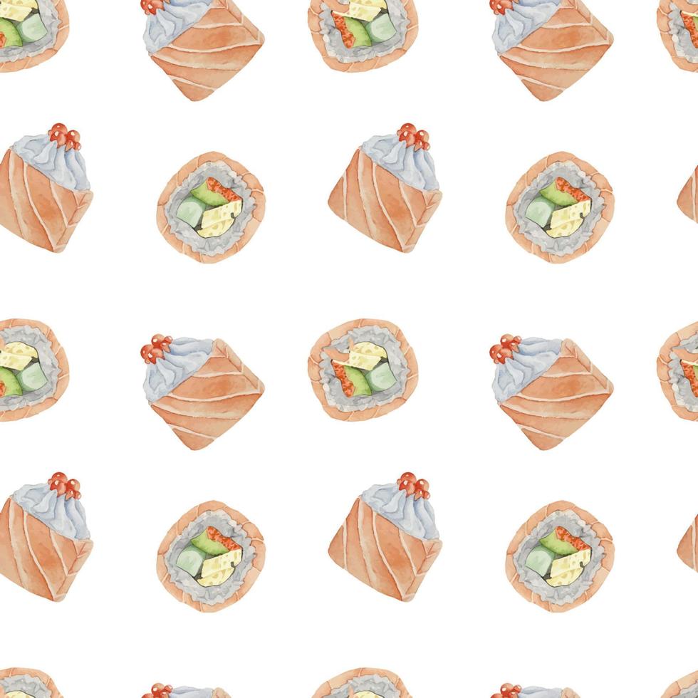 Watercolor asian seamless pattern with california roll side and top view on white background vector