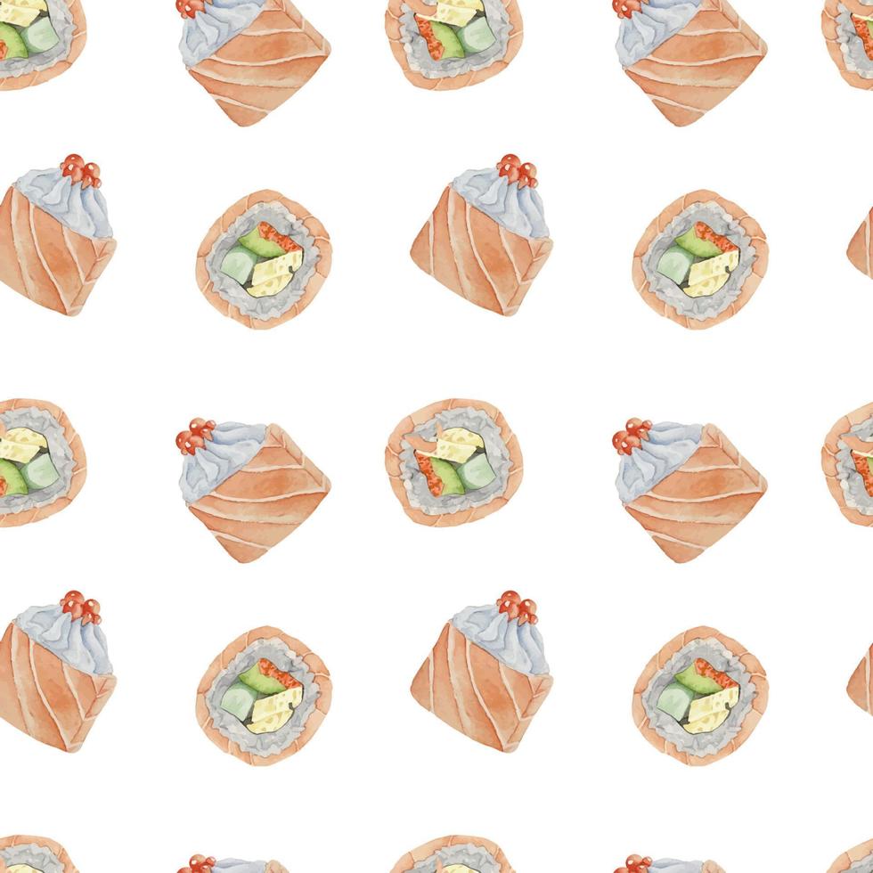 Watercolor asian seamless pattern with california roll side and top view on white background vector