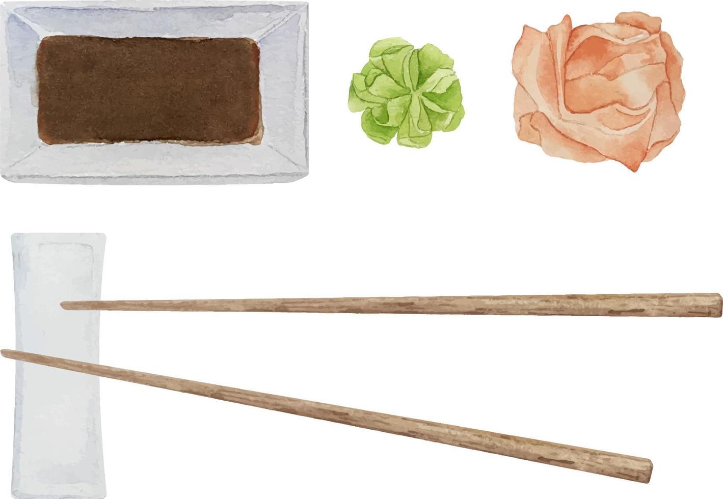 Watercolor sushi set with soy sauce, wasabi and red and white ginger with chopsticks on plate vector