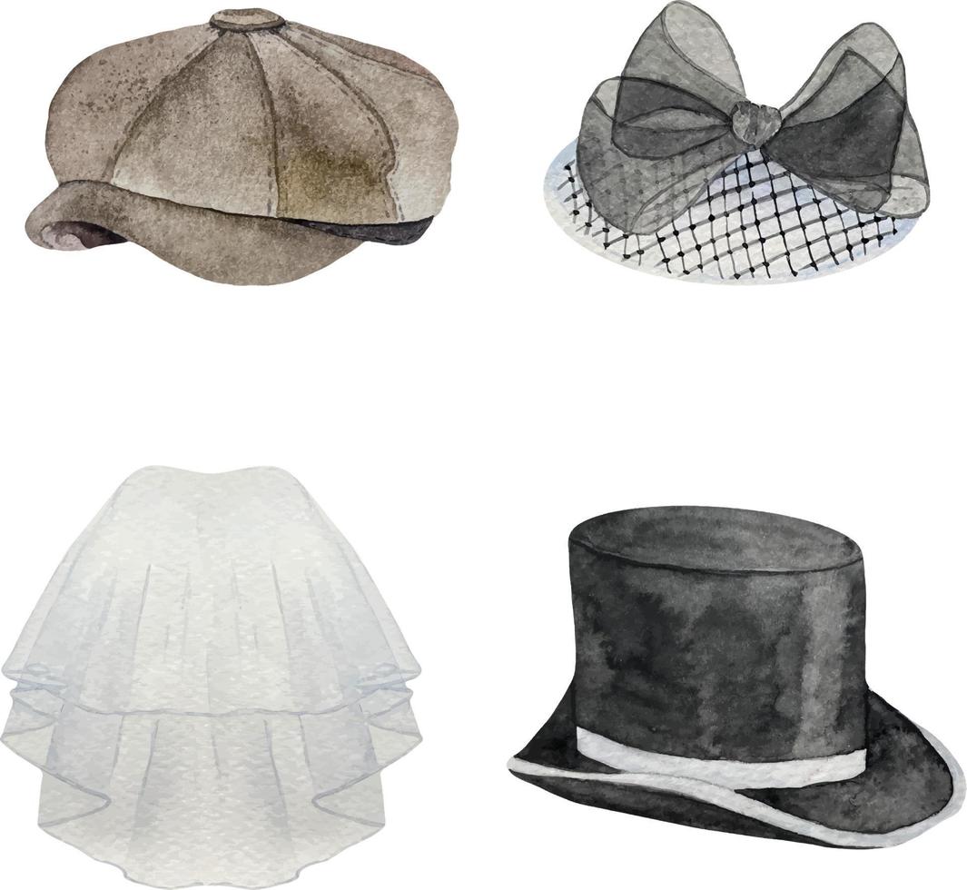 Set of watercolor wedding bride and groom headwear accessories wedding classic cylinder hat, tweed cap and veil vector