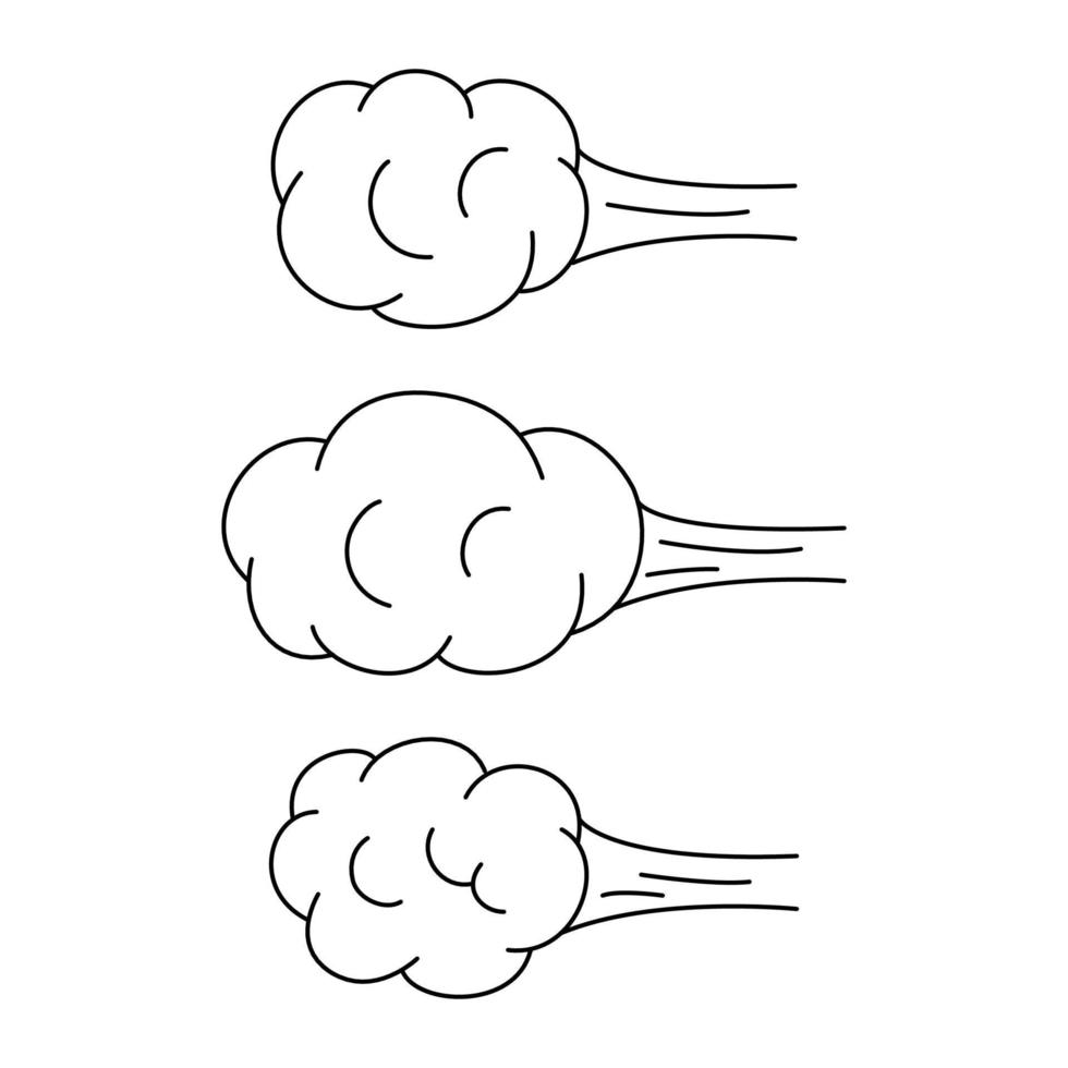 Explosion with cloud of smoke, effect steam, doodle line set. Hand drawn element splash, stepwise and wave cloud from burst. Collection outline sketch. Vector illustration