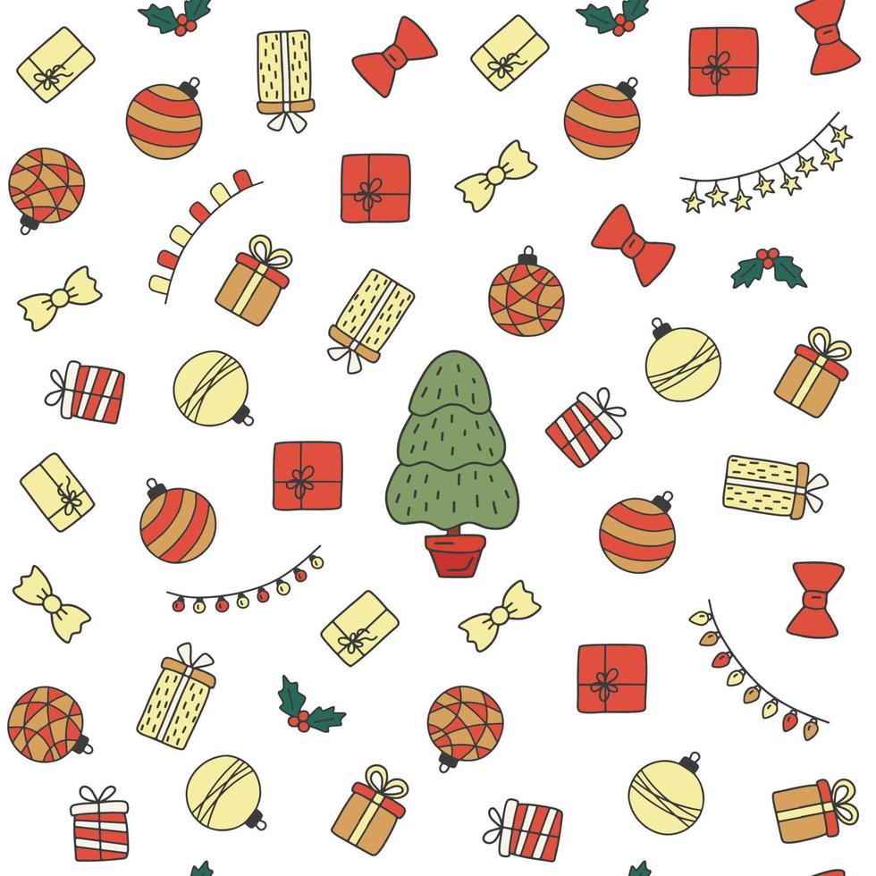 patrón sin costuras para navidad sobre fondo blanco con elementos de doodle navidad. patrón para regalo, papel de regalo, tarjetas de felicitación. plantilla con regalo, arco, bola, guirnalda, muérdago. vector