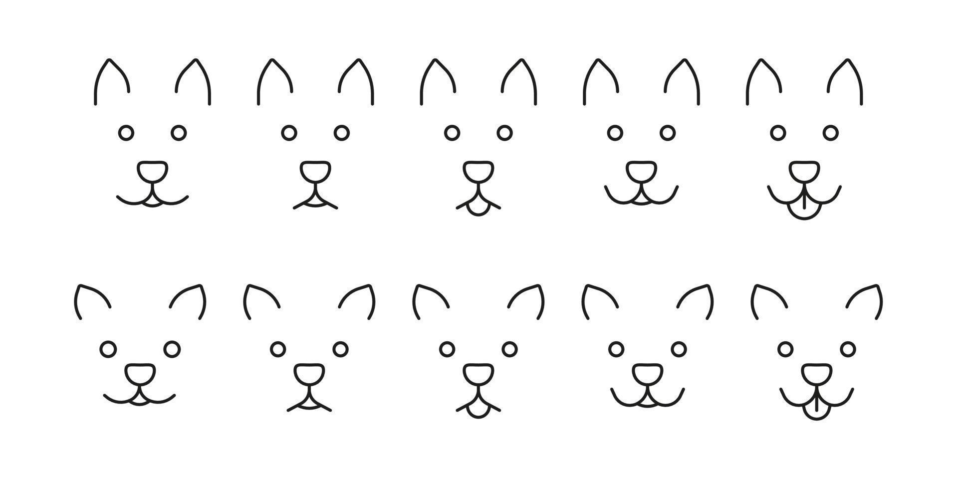 Dog and cat face set, pet head with different emotion, line icon. Dog and cat is calm, sad, surprised, happy, laughing with tongue hanging out. Canine and feline facial expression mouth. Vector sign