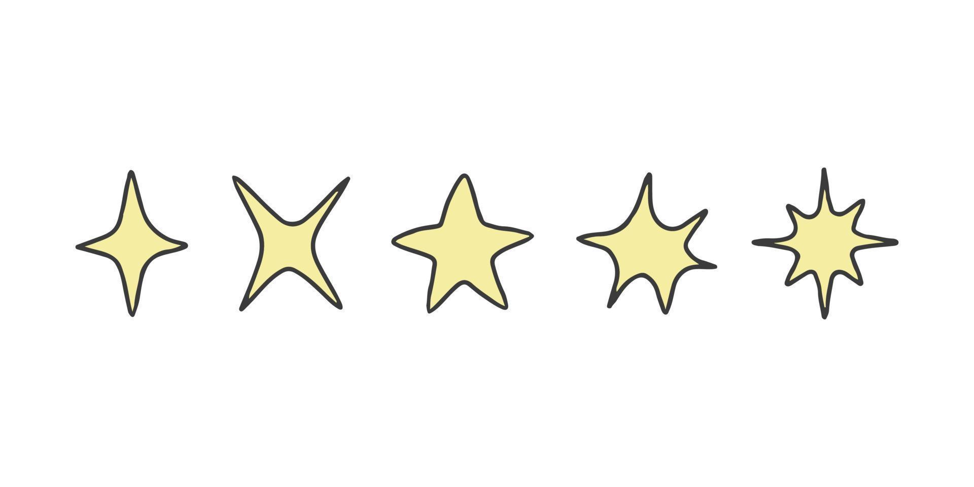 Different star doodle shape, hand draw sketch. Yellow stars set. Vector illustration