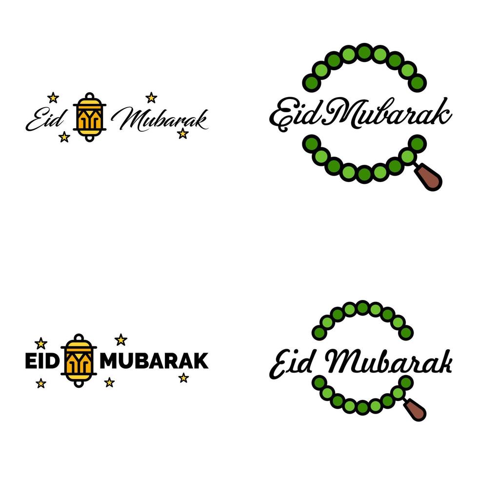 Happy Eid Mubarak Hand Letter Typography Greeting Swirly Brush Typeface Pack Of 4 Greetings with Shining Stars and Moon vector