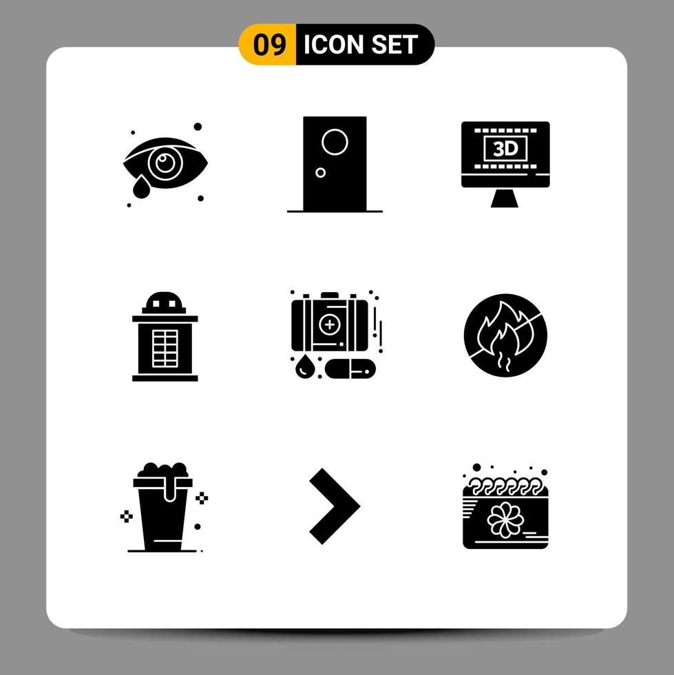 Group of 9 Solid Glyphs Signs and Symbols for first aid case cinema train ticket Editable Vector Design Elements