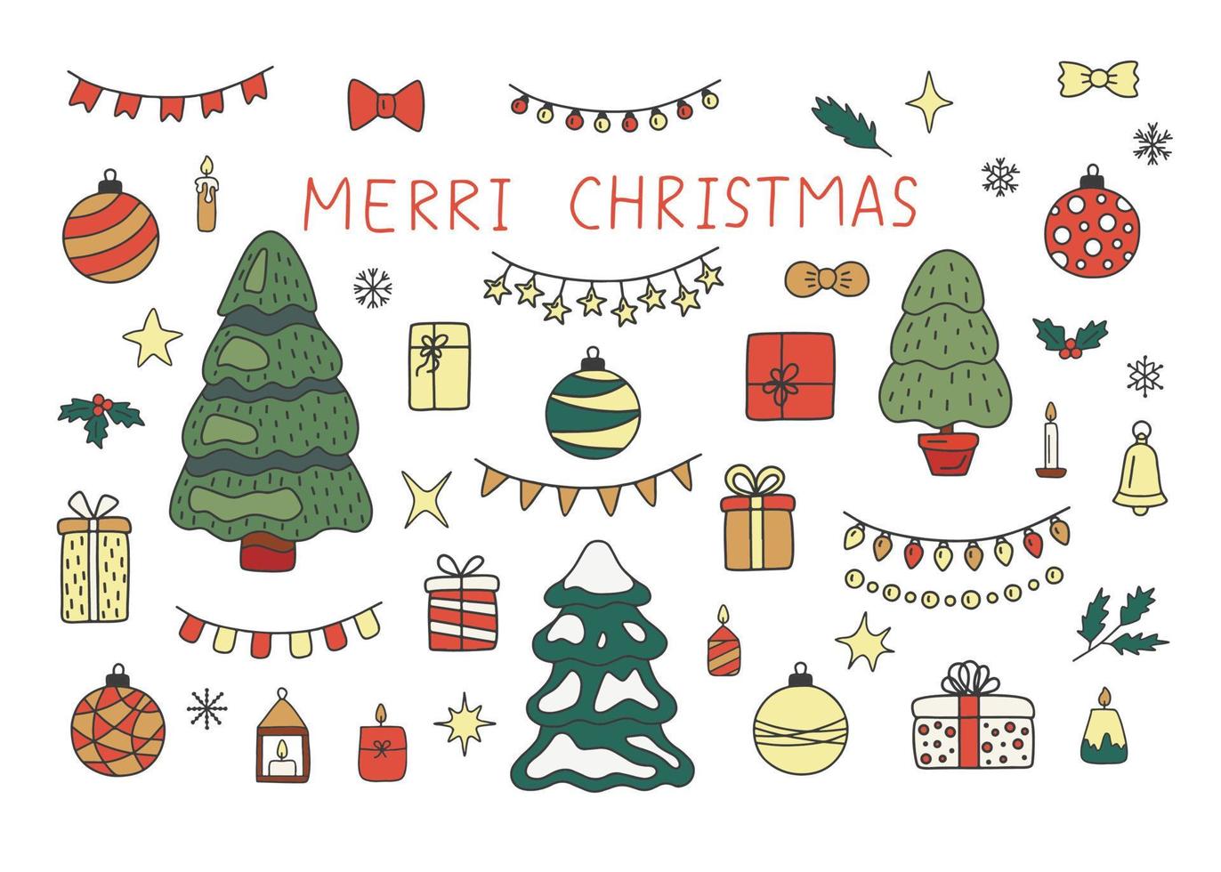 Christmas elements pine tree, garland, gift, ribbon, star set, doodle style. Sketch design decoration color. Vector illustration