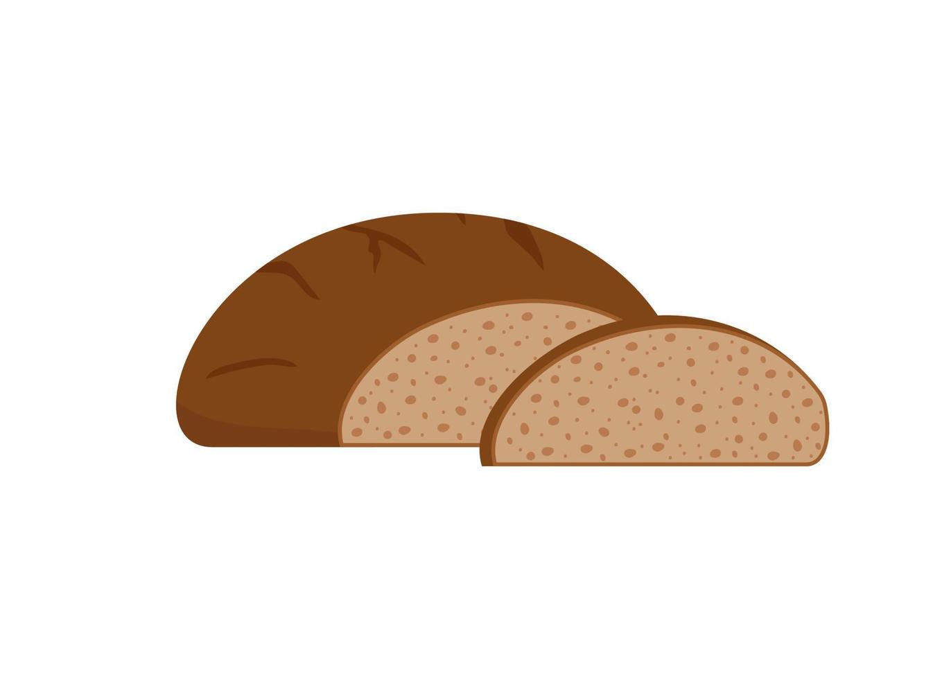 Pastry bread from rye, brown bakery food, bun. Circle loaf with cut slice. Vector illustration