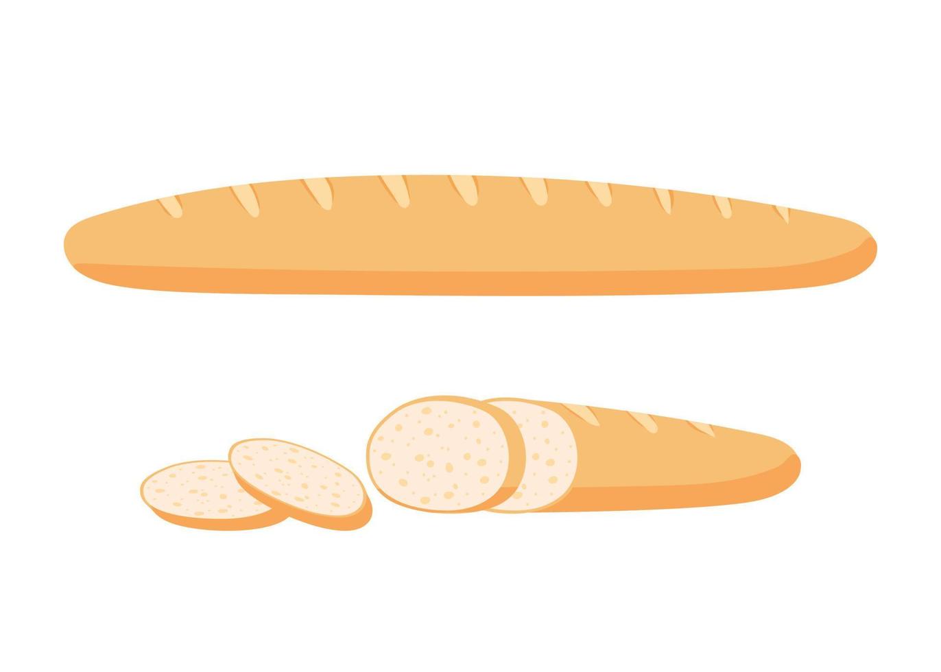 French baguette, pastry bread from wheat, bakery food. Long loaf with cut slice. Vector illustration