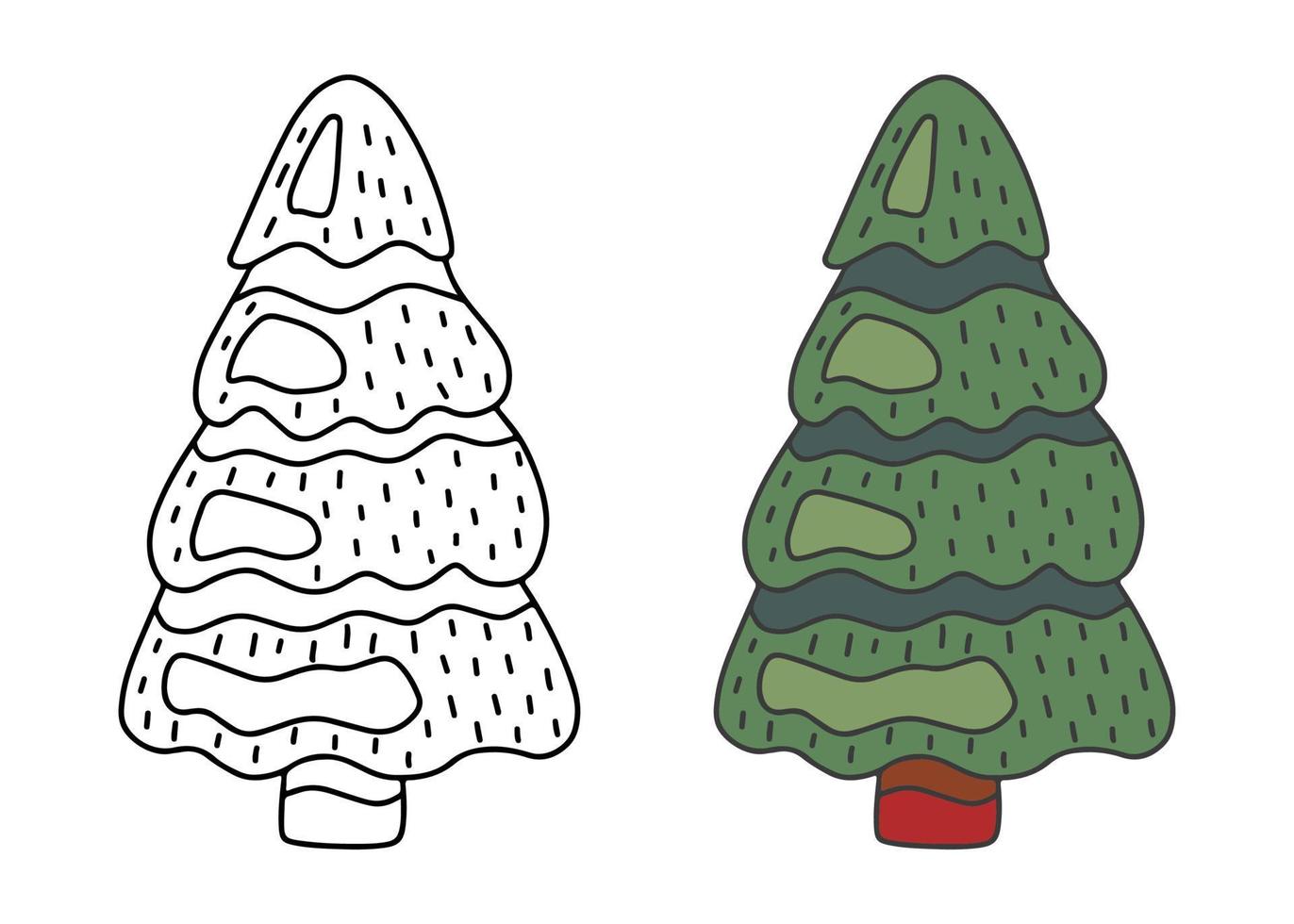 Christmas pine tree, doodle style. Sketch for coloring and tree fir green color. Vector illustration