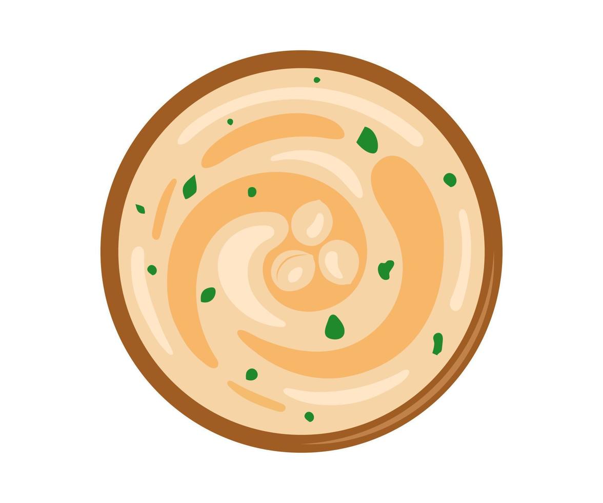Chickpeas hummus, paste food in plate, top view. Traditional arabic food. Vegetarian vegan protein meal. Cream puree from bean. Vector illustration