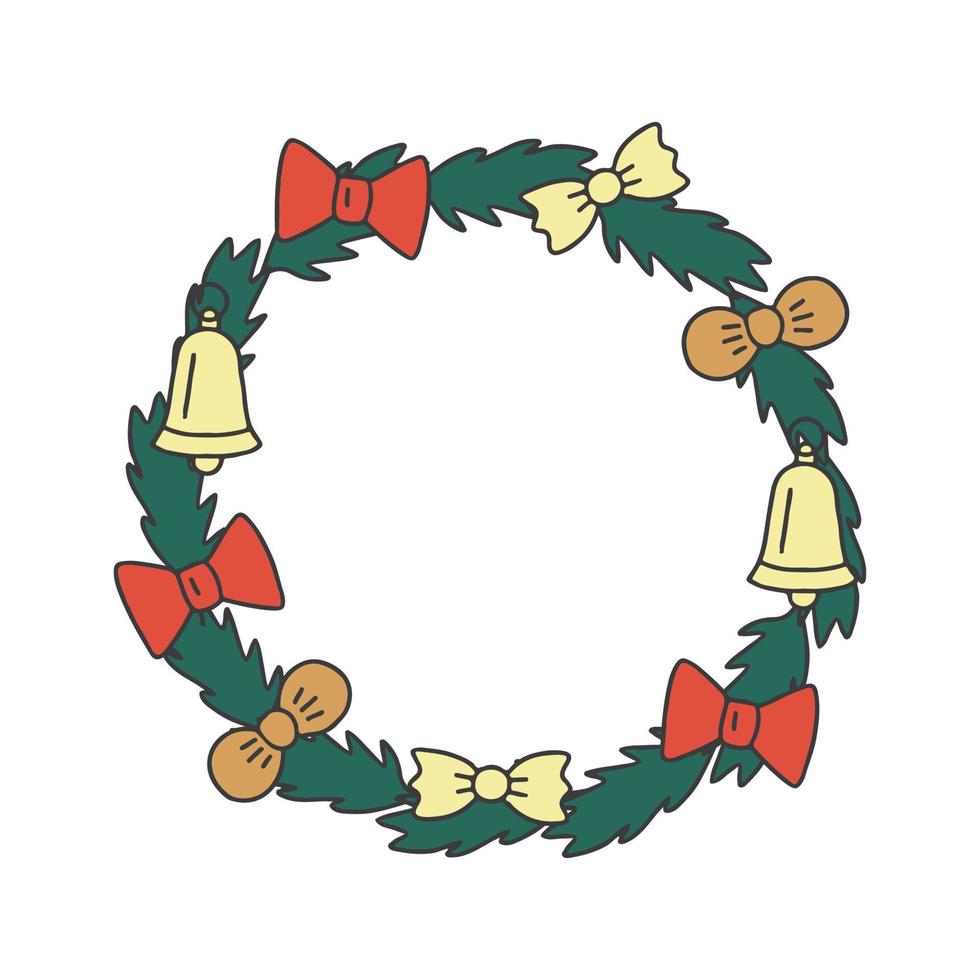 Christmas wreath with bow, bell, pine and fir branches, hand drawn doodle. Xmas and happy new year decorative postcard. Vector illustration