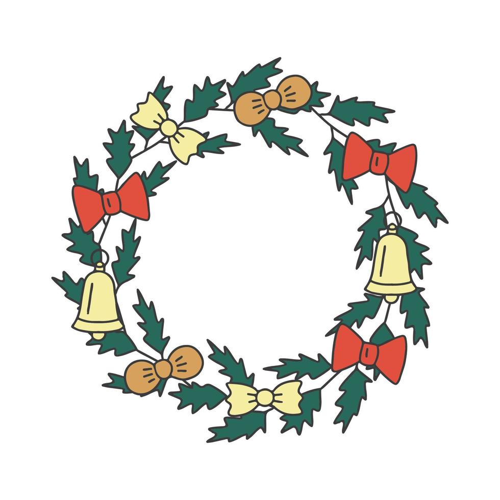 Christmas wreath with bow, bell, pine and fir branches, hand drawn doodle. Xmas and happy new year decorative postcard. Vector illustration