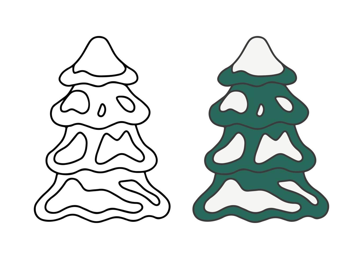Christmas pine tree with snow, doodle style. Sketch for coloring and tree fir green color. Vector illustration