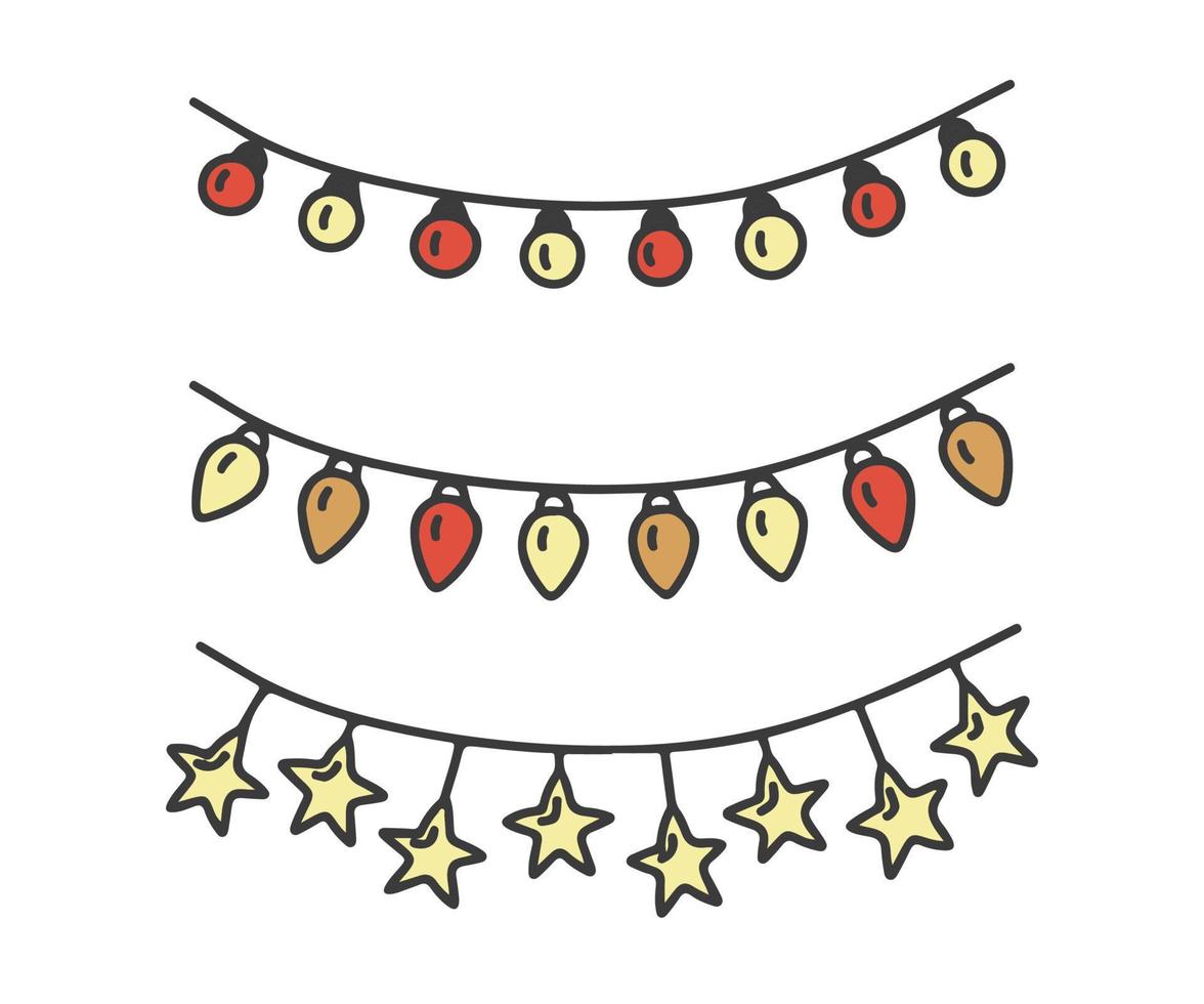 guirnalda con bombillas de colores, decoración de garabatos. boceto dibujado a mano para navidad, año nuevo. luz decorativa con diferentes lámparas. ilustración vectorial vector