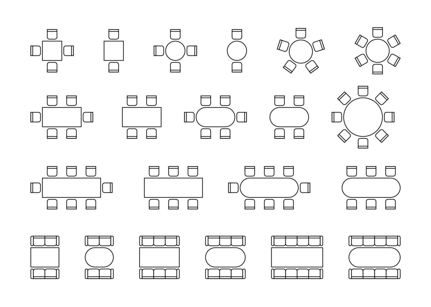 Set of plan for arranging seats couch and tables in interior, layout graphic outline elements. Chairs and tables signs in scheme architectural plan. Office and home furniture, top view. Vector line