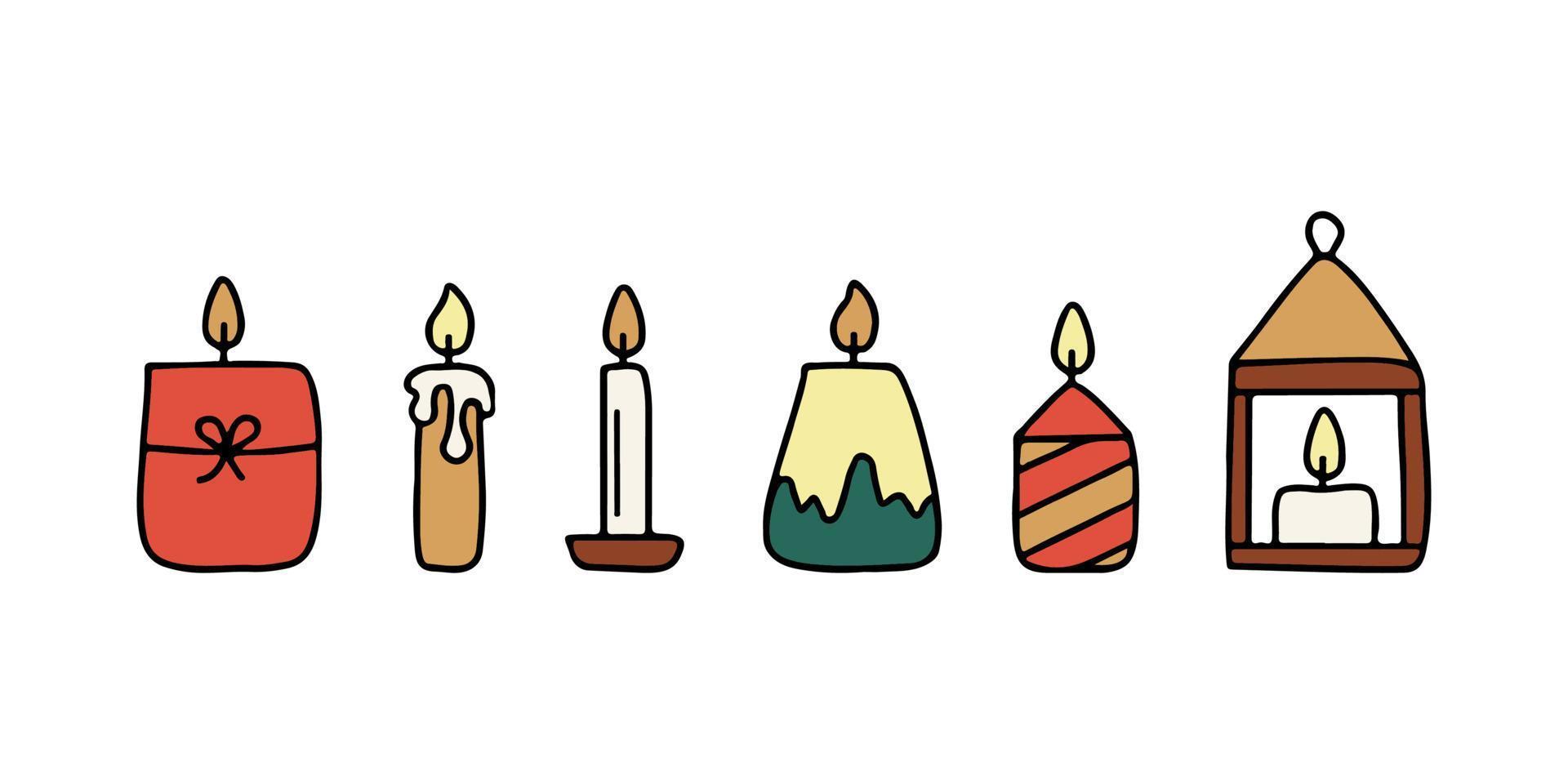 Different burning candles with flame, doodle shape, hand draw sketch. Candle with fire set. Vector illustration