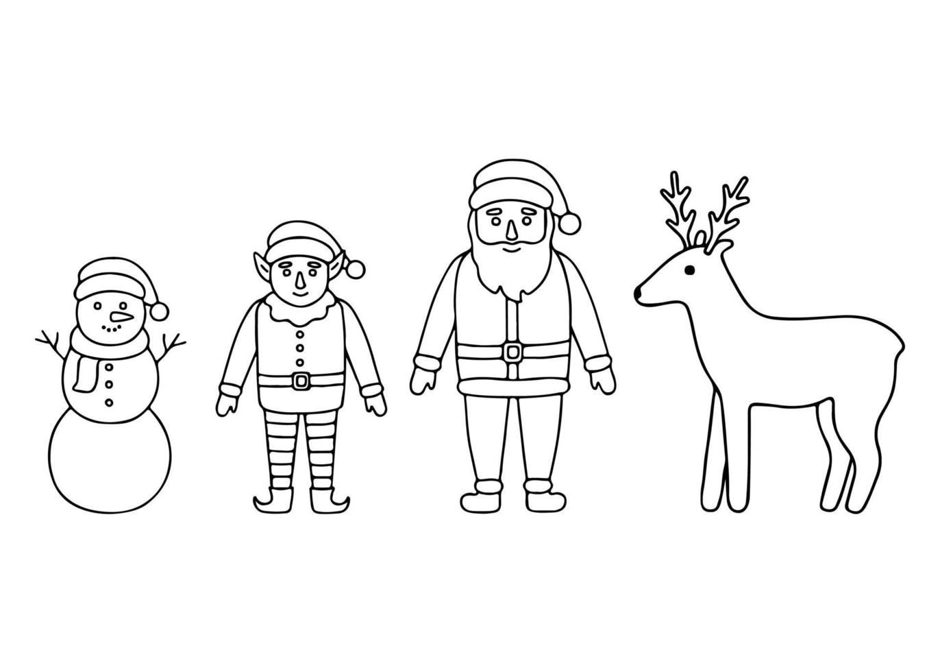 Santa Claus, little elf, snowman and deer character set, line doodle Christmas. Hand drawn traditional character in winter holiday season. Vector illustration