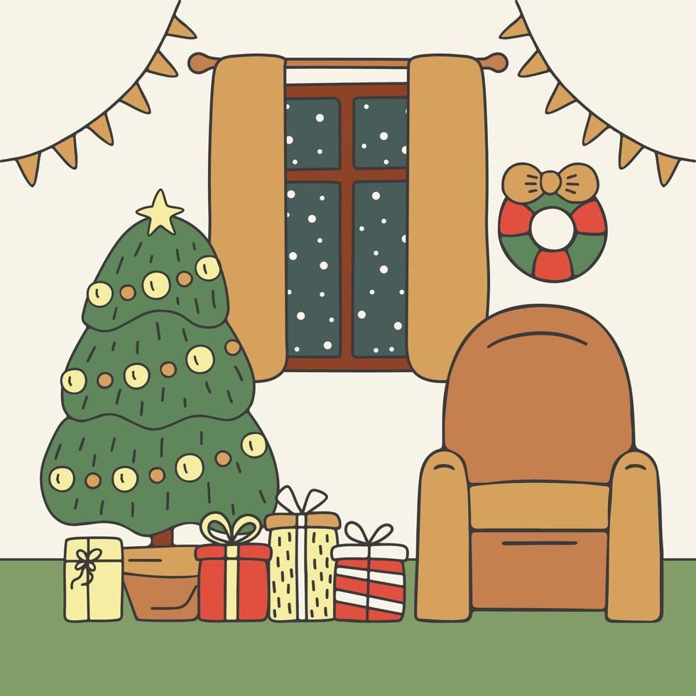 House living room with tree and gift, interior with furniture decorated for holiday. Inside house stand spruce, armchair. Card on winter holiday. Vector illustration
