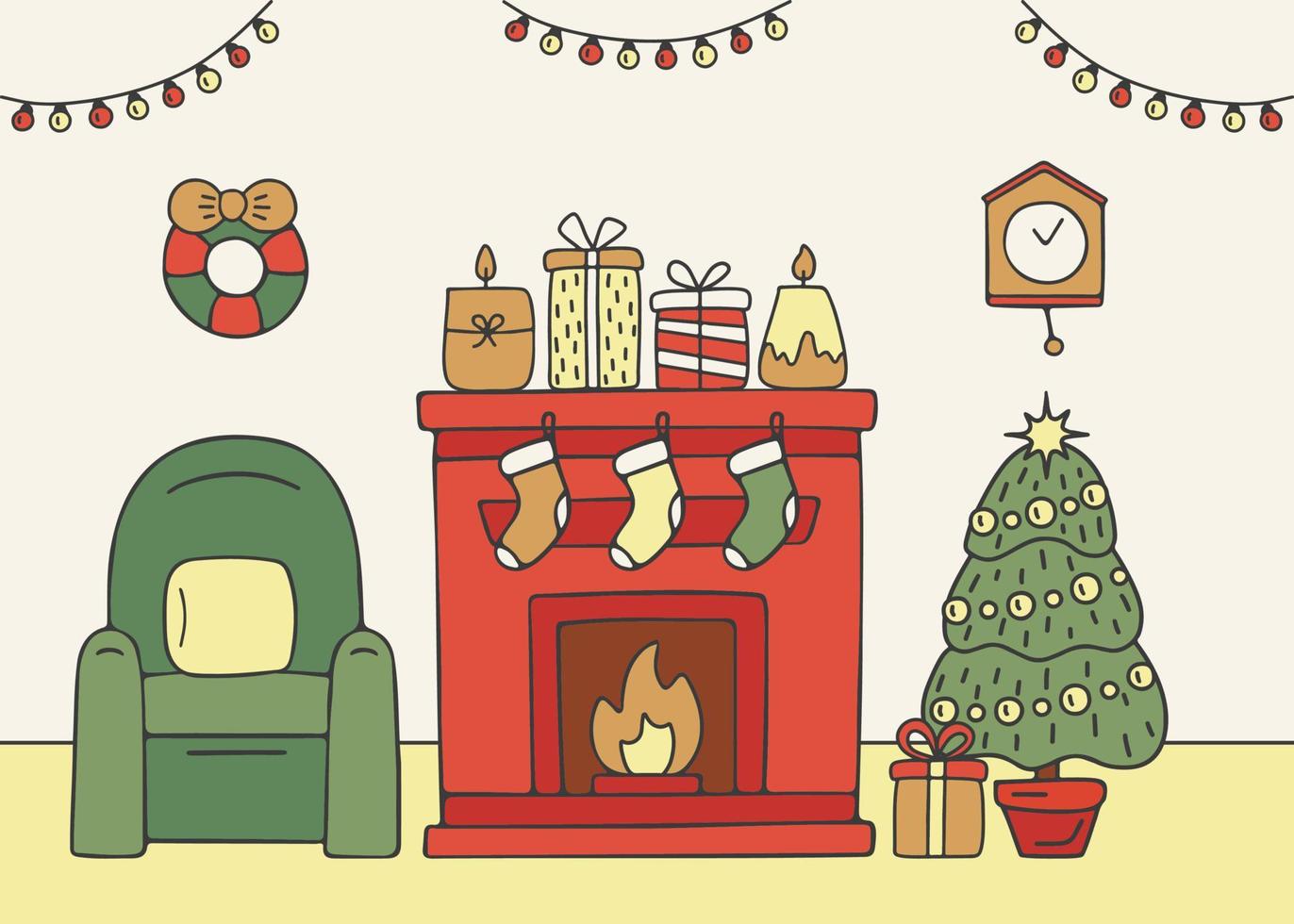 sala de estar de la casa con chimenea y árbol de navidad, interior con muebles decorados para las vacaciones de navidad. dentro de la casa hay un abeto con regalos y fuego en el hogar. tarjeta de vacaciones de invierno. vector