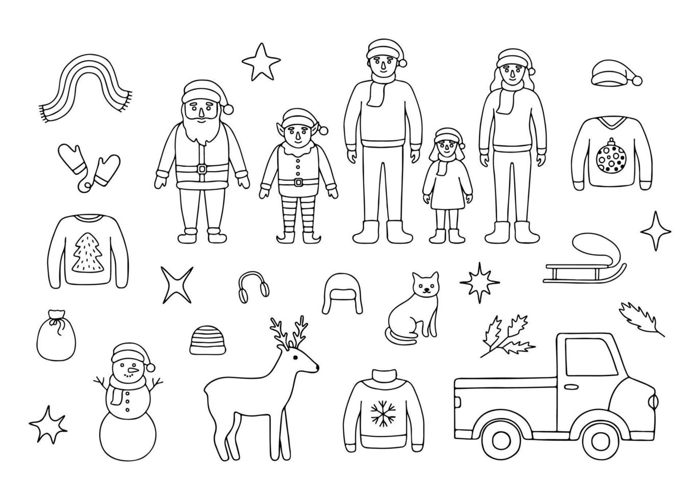 Christmas characters Santa Claus, little elf, snowman and deer character, family, winter clothing, car, doodle line style. Hand drawn traditional character in winter holiday season. Vector