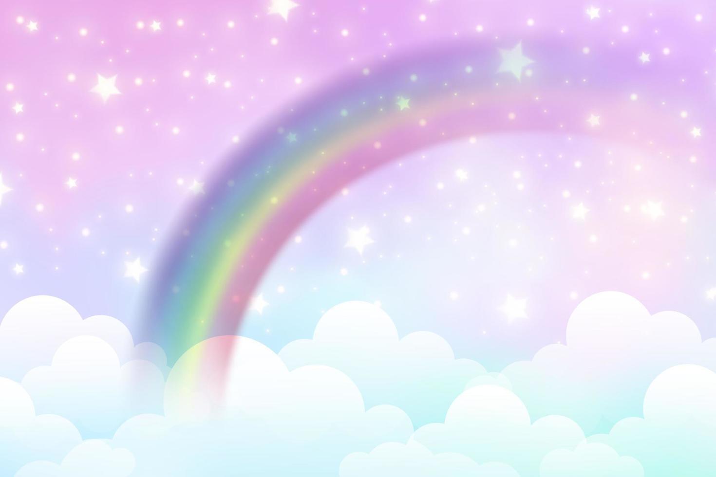 Fantasy unicorn background with clouds on rainbow sky. Magical landscape, abstract fabulous wallpaper with stars and sparkles. Arched realistic spectrum. Vector. vector