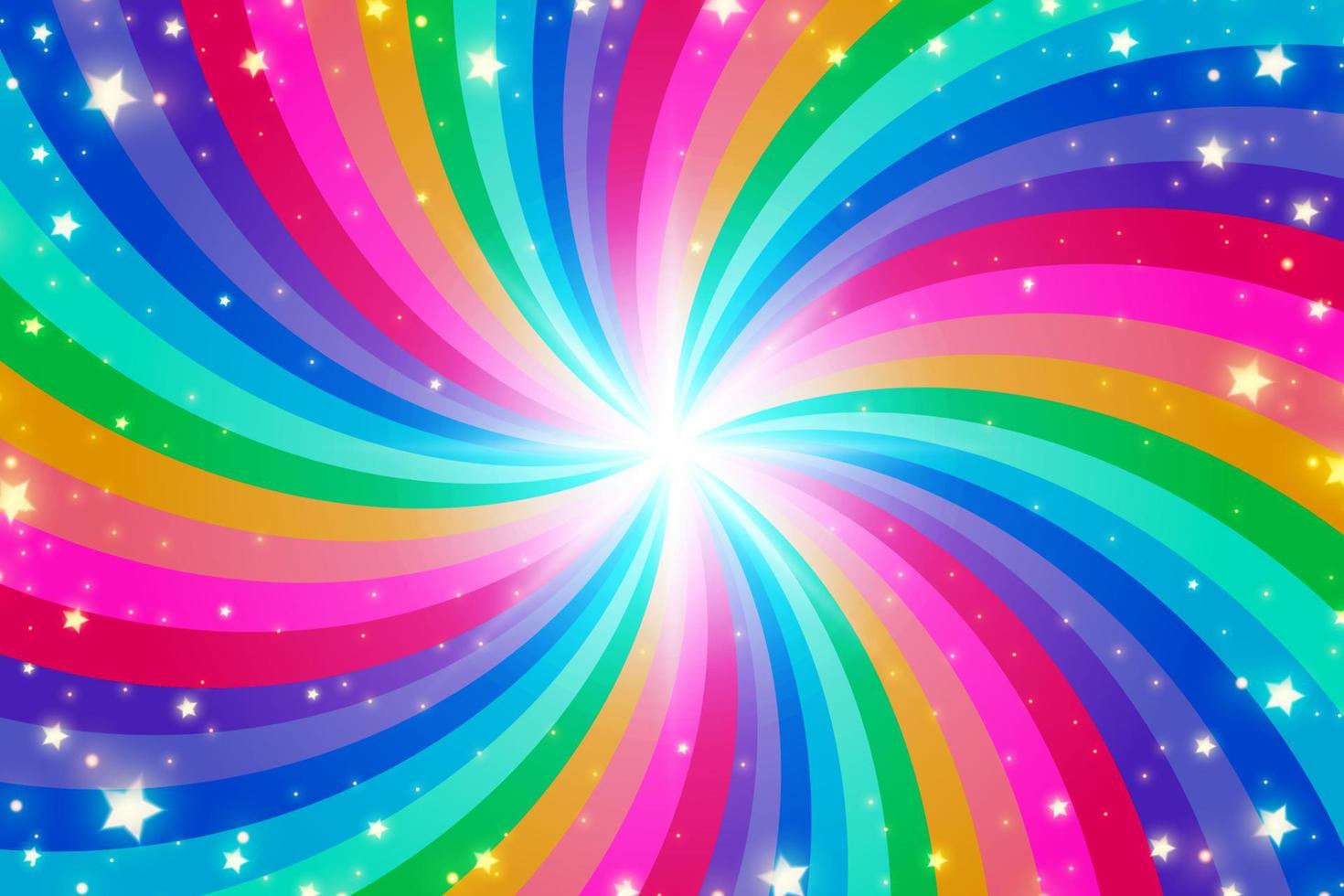 Fondo de remolino de arco iris con estrellas. arco iris degradado radial de espiral retorcida. ilustración vectorial. vector