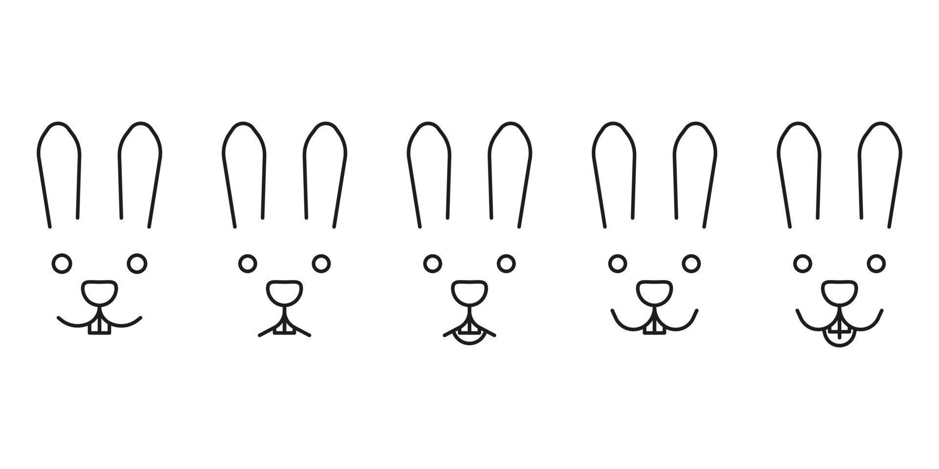 Hare face set, pet head with different emotion, line icon. Rabbit is calm, sad, surprised, happy, laughing with tongue hanging out. Leporine facial expression through ear, eye, mouth nose. Vector