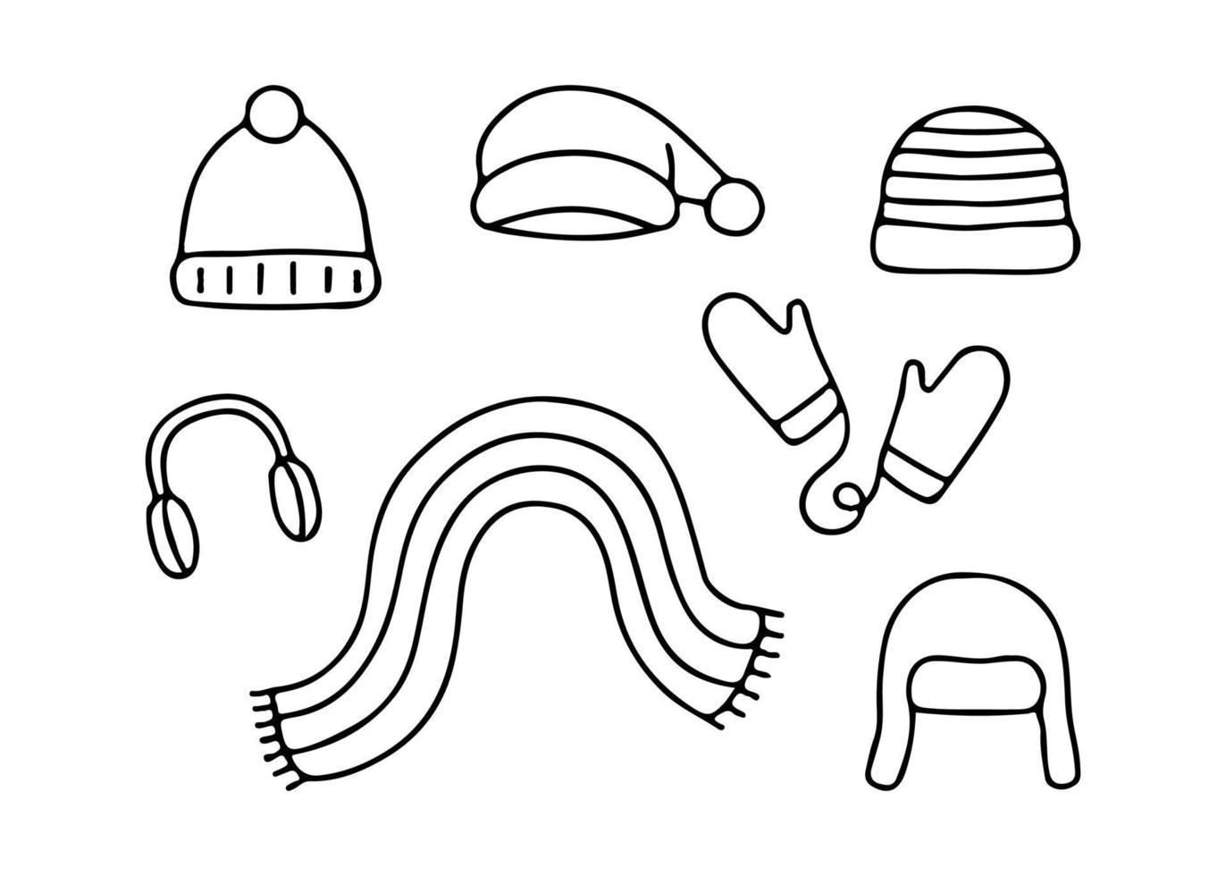Hat and scarf in cold weather, line doodle sketch set. Hand drawn hats and scarves, Christmas cap, headphones. Headdress clothes for winter. Vector illustration
