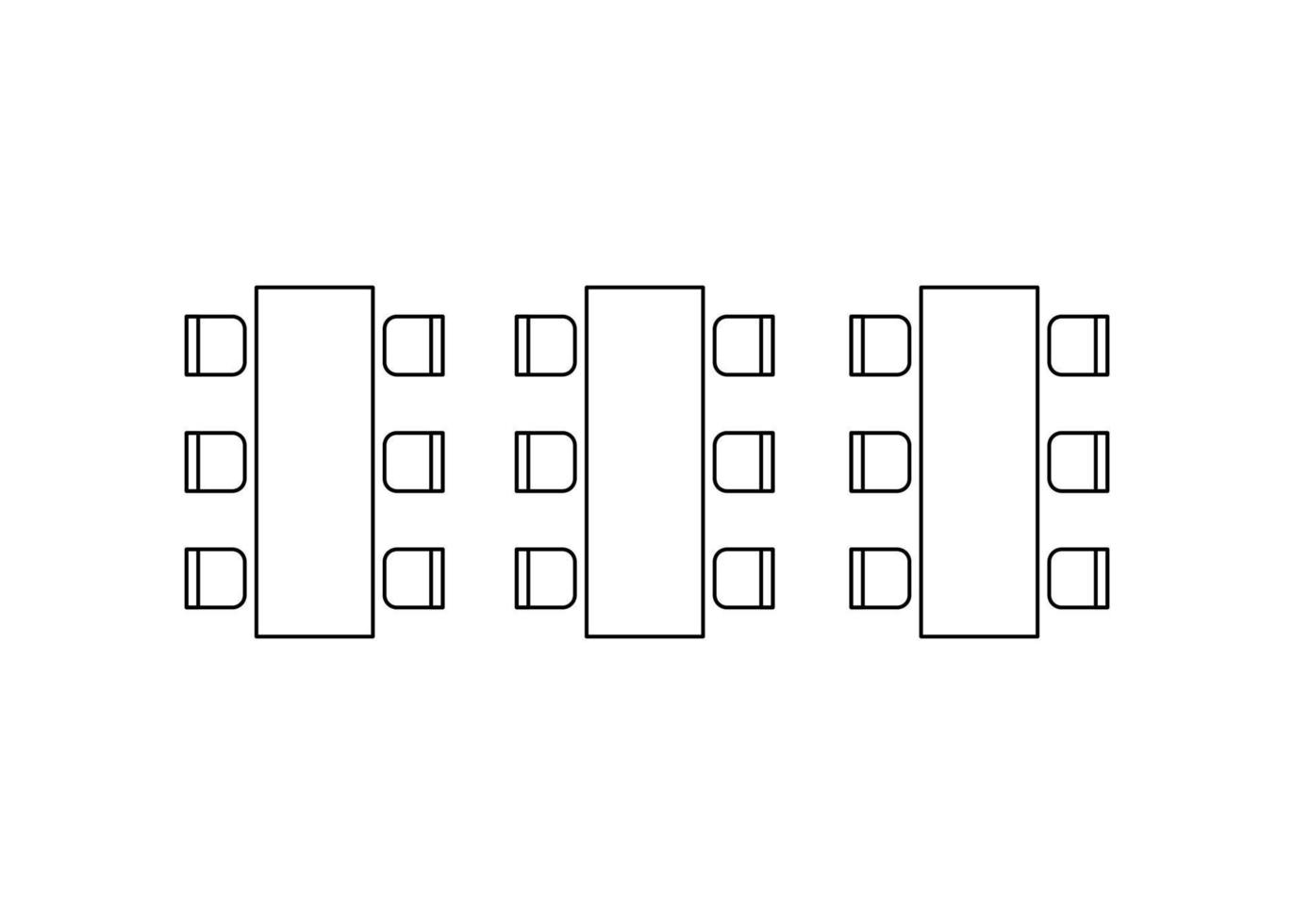 Row arranging seats and tables in interior, layout graphic outline elements. Chairs and tables icons in series scheme architectural plan. Furniture symbol top view. Vector line illustration