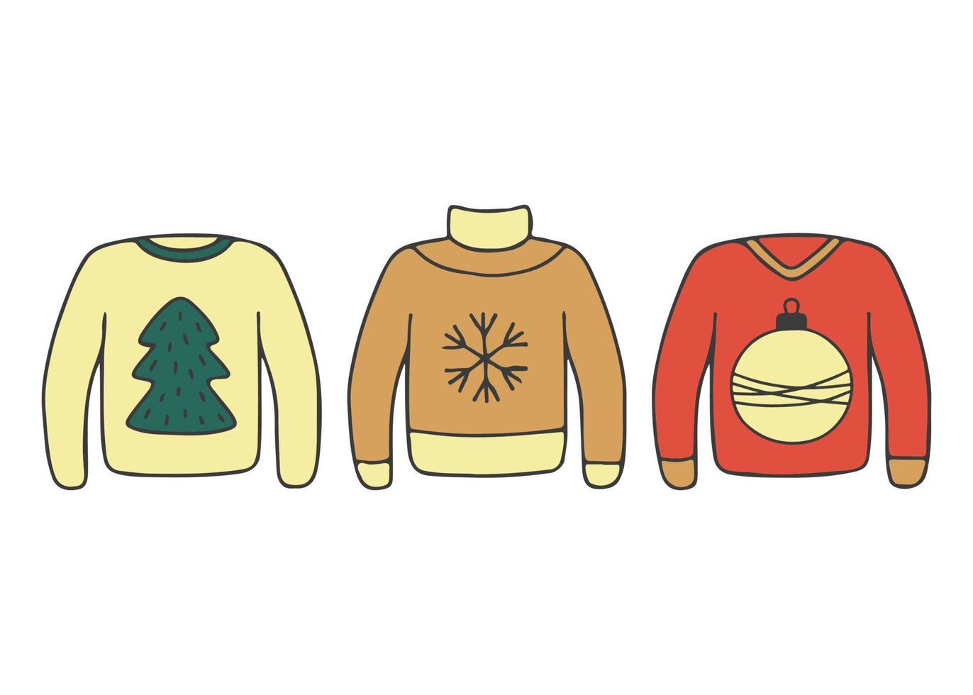 Ugly Christmas sweaters with winter holidays decoration, color doodle set. Knitted pullover, jumper with snowflake, tree and Christmas ball. Vector illustration