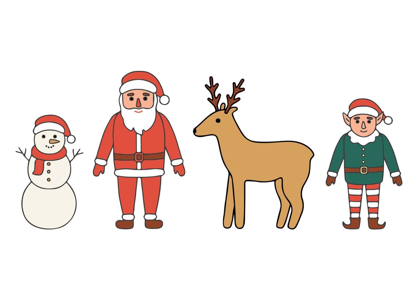 Santa Claus, little elf, snowman and deer character set, doodle Christmas. Hand drawn traditional character in winter holiday season. Vector illustration