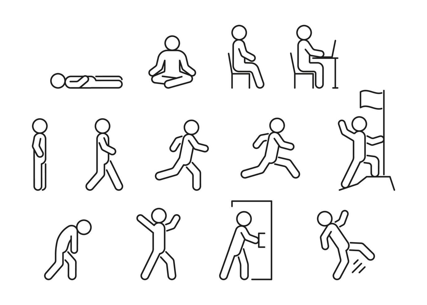 People line icon in different posture, human various action poses. Lie, stand, sit, walk, run, fall. Vector line illustration