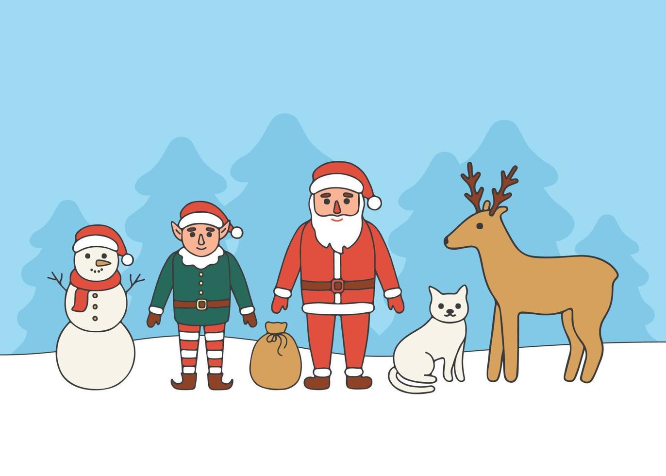 Santa Claus, little elf, snowman, cat and deer character set, doodle style. Hand drawn traditional character in winter holiday season. Vector illustration