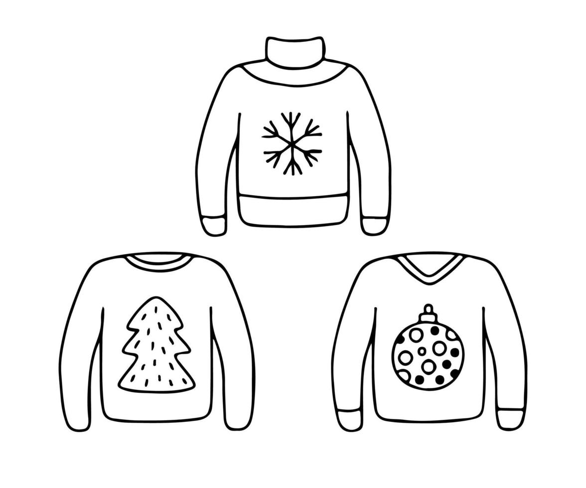 feos suéteres navideños con decoración de vacaciones de invierno, juego de garabatos de línea. jersey de punto, jersey con copo de nieve, árbol y bola de navidad. ilustración vectorial vector