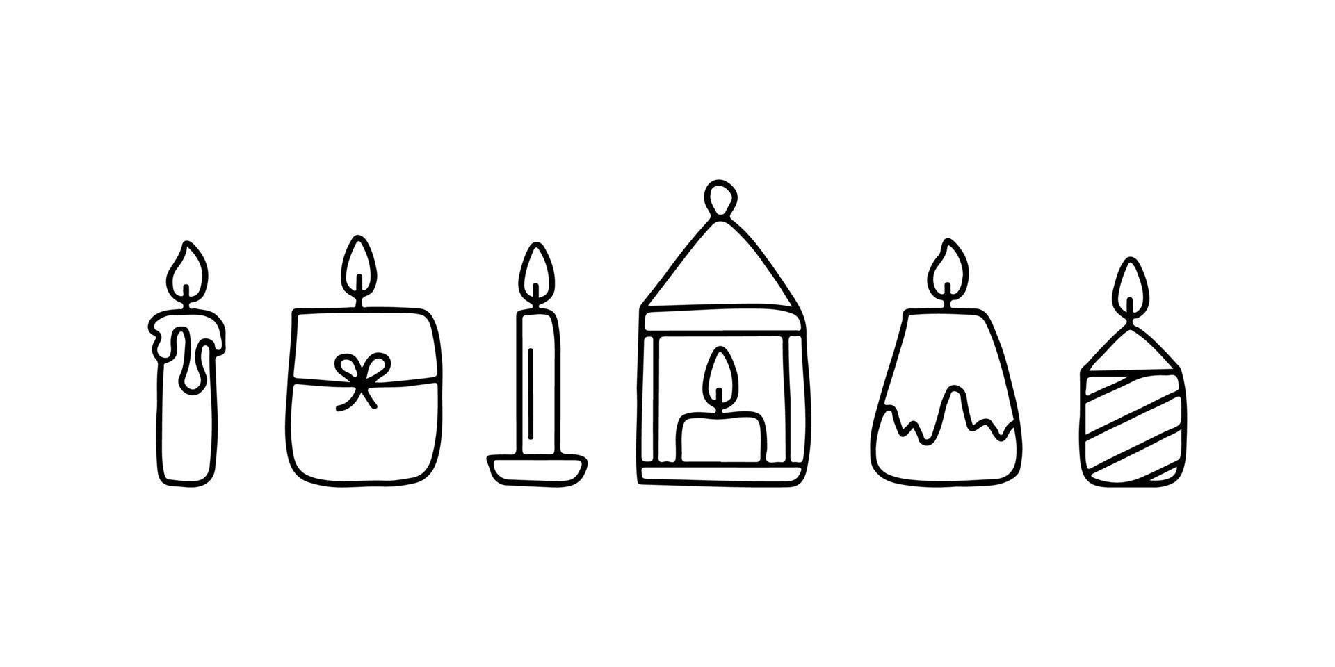 Different burning candles with flame, doodle line shape, hand draw sketch. Candle with fire set. Vector illustration
