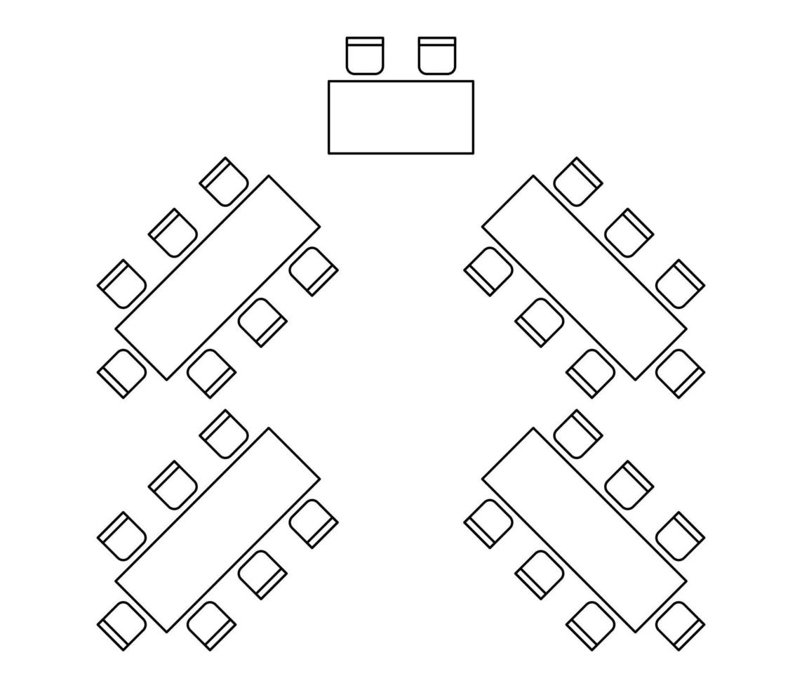 plan para organizar asientos y mesas en el interior del banquete de eventos en espiga, diseño de elementos de esquema gráfico. letreros de sillas y mesas en esquema de plano arquitectónico. muebles, vista superior. línea vectorial vector