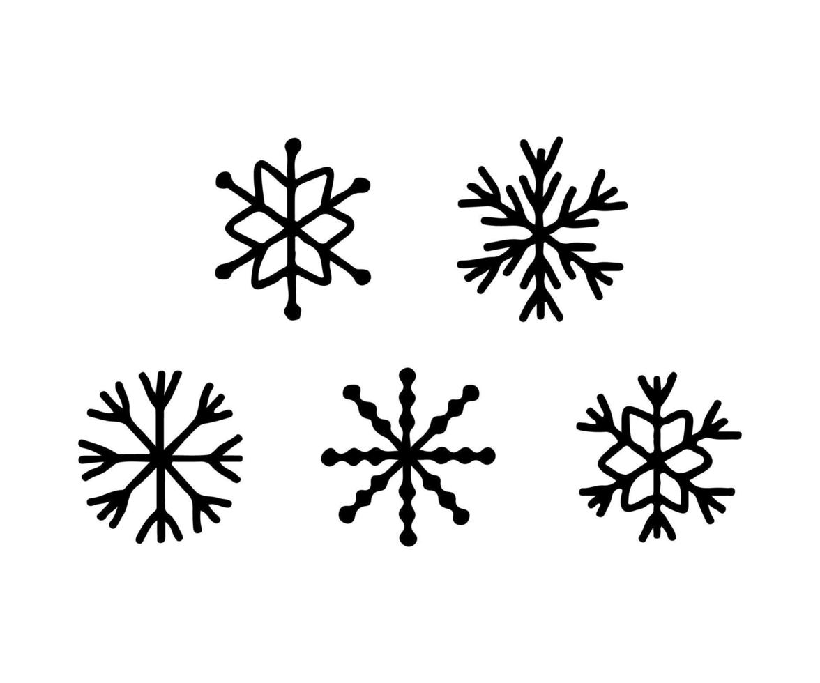 forma de garabato de copo de nieve diferente, boceto de dibujo a mano de nieve. juego de copos de nieve de silueta negra. ilustración vectorial vector